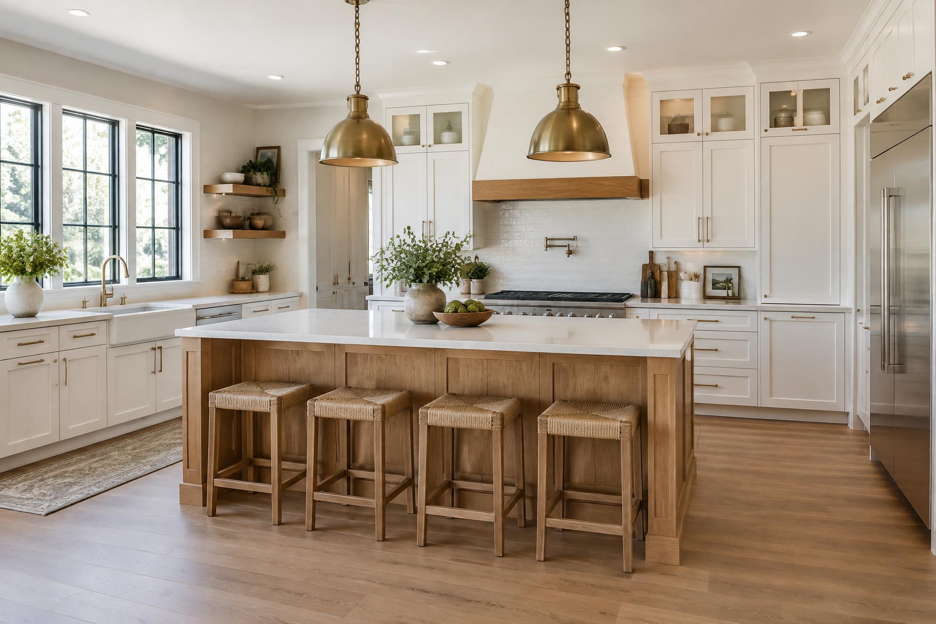 Newly renovated kitchen with white cabinets, oak island and brass pendant lights