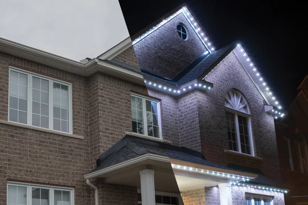 Picture of contrast between permanent day and night Celebright outdoor lighting